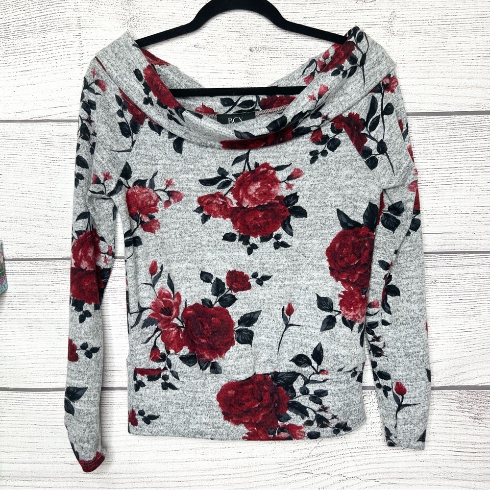 BCX Floral Gray & Red Wide Neck Off Shoulder SweaterTop Size Small